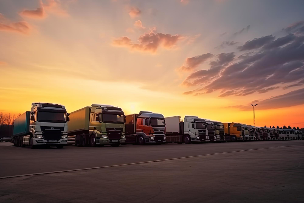 Many transport trucks parked at a service station at sunset