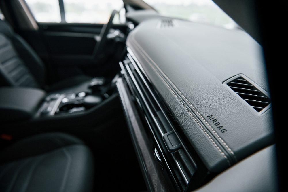 close up view of interior of brand new modern luxury automobile