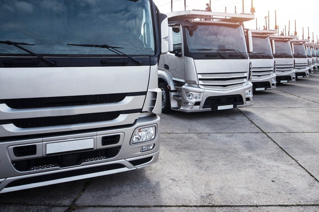 group of trucks parked in a row