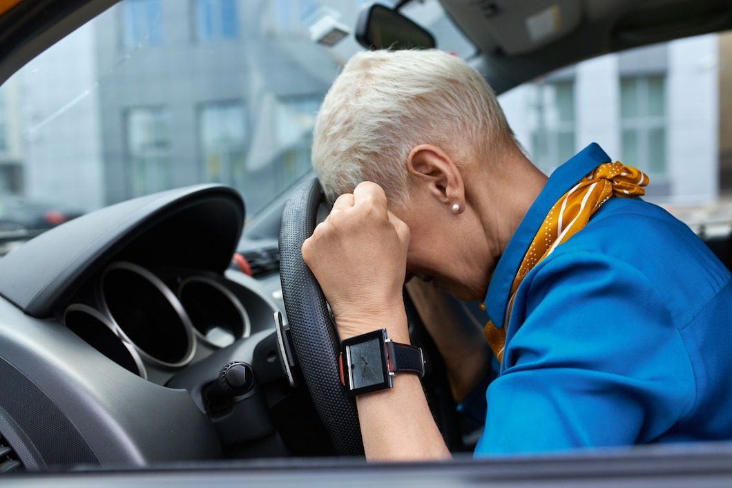 side view of unhappy stressed middle aged woman squeezing fists and resting head on steering wheel